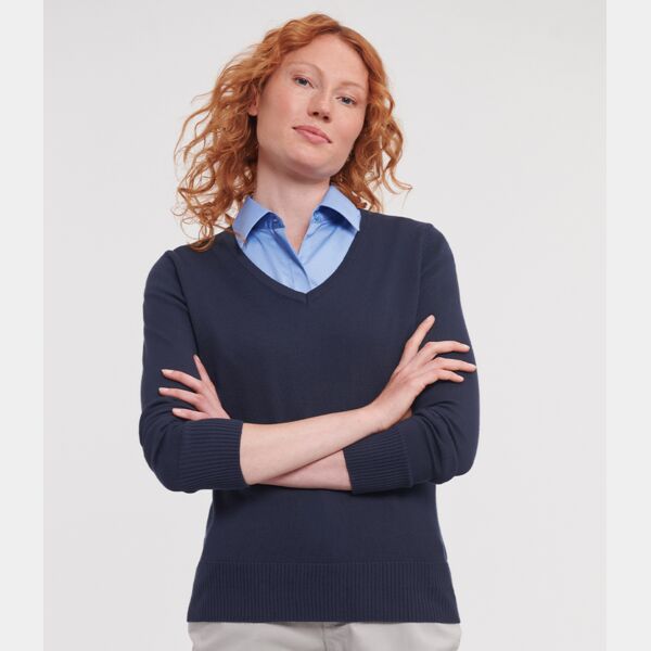 Russell Collection Ladies Cotton Acrylic V Neck Sweater Thumbnail